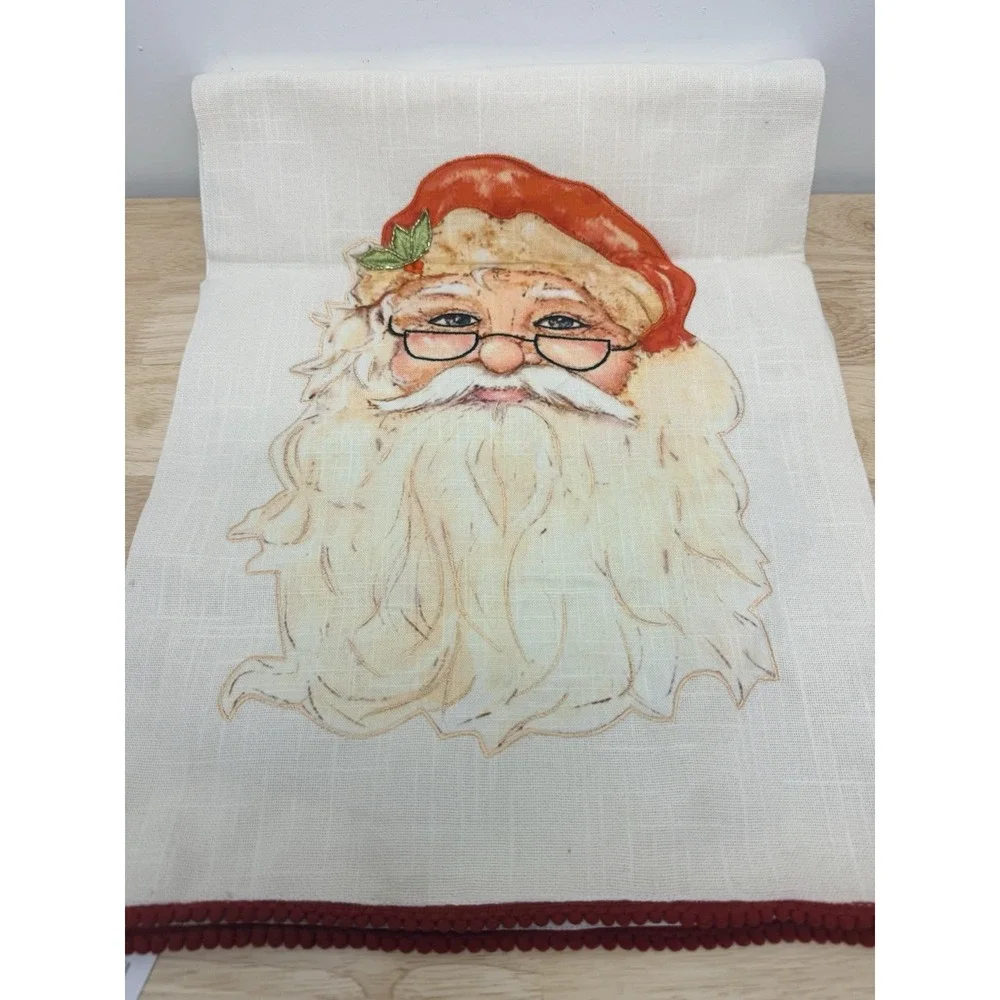 Oak Street Santa Christmas Table Runner 14x56 Cotton Appliqué Pom Pom Trim #3